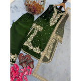 Dark Green silk embroidered 3/4th sleeve round kurti set with palazzo pant and dupatta on mannequin