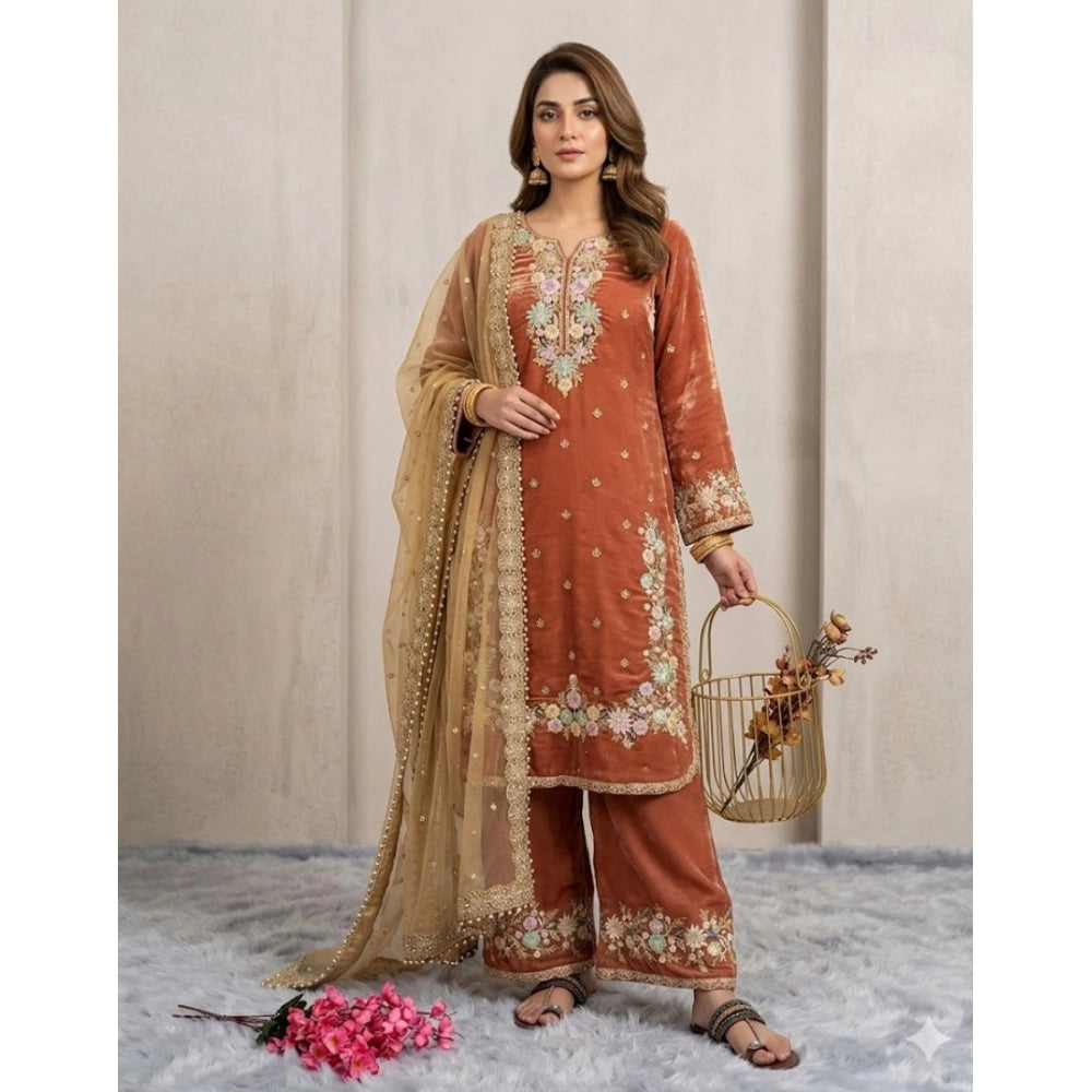 Orange silk embroidered kurti set with palazzo pant & dupatta, round neck, 3/4th sleeve, calf length