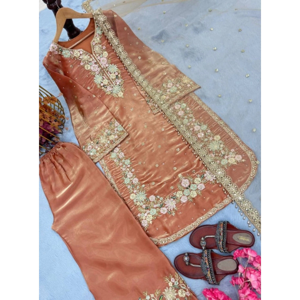 Orange silk embroidered kurti set with palazzo pants and dupatta, round neck, 3/4th sleeve, calf length