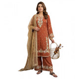 Orange silk embroidered 3/4th sleeve round kurti with palazzo pant and dupatta set on mannequin