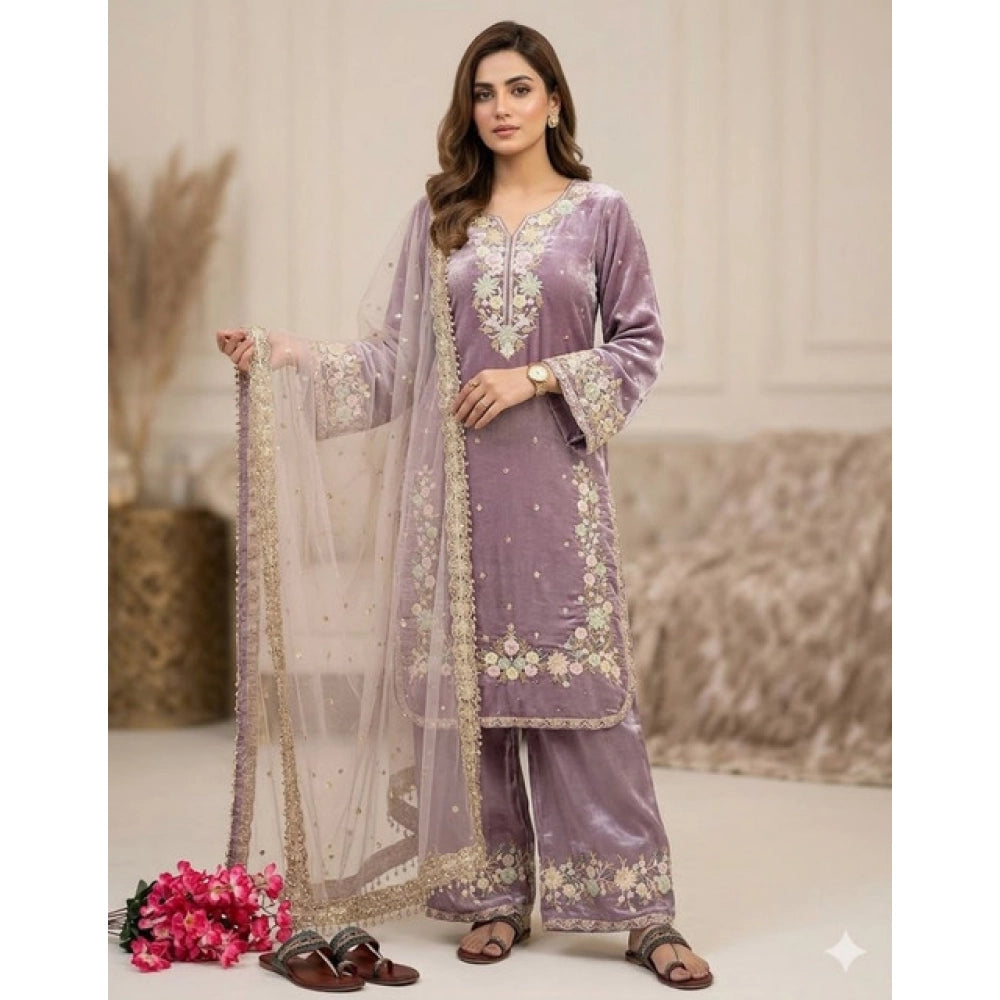 Lavender silk embroidered 3/4th sleeve round kurti set with calf-length palazzo pant and dupatta, intricate design detail visible