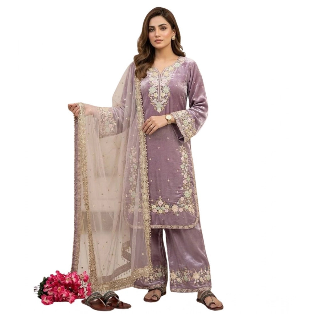 Lavender silk embroidered 3/4th sleeve round kurti set with palazzo pant and dupatta, intricate design on display