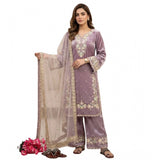 Lavender silk embroidered 3/4th sleeve round kurti set with palazzo pant and dupatta, intricate design on display