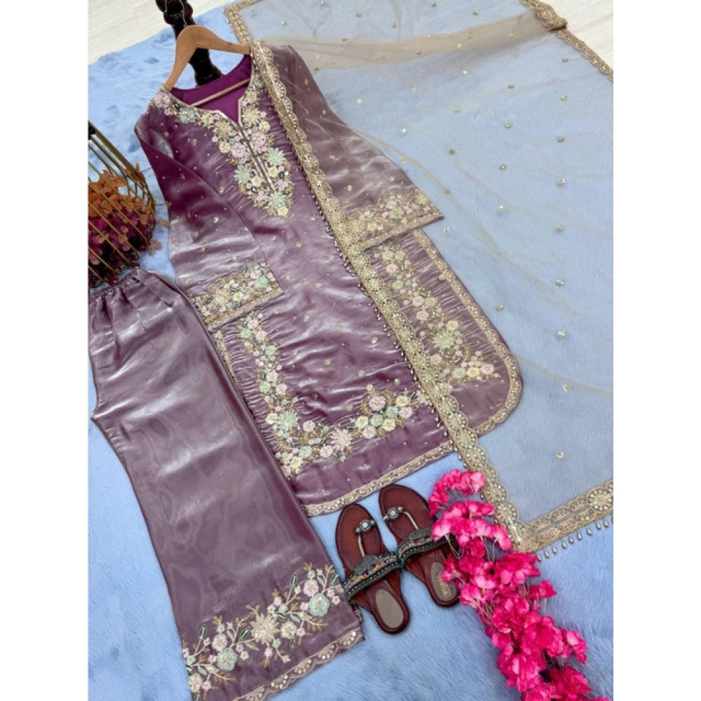 Lavender silk embroidered 3/4th sleeve round kurti with palazzo pant and dupatta set on model