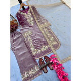 Lavender silk embroidered 3/4th sleeve round kurti with palazzo pant and dupatta set on model