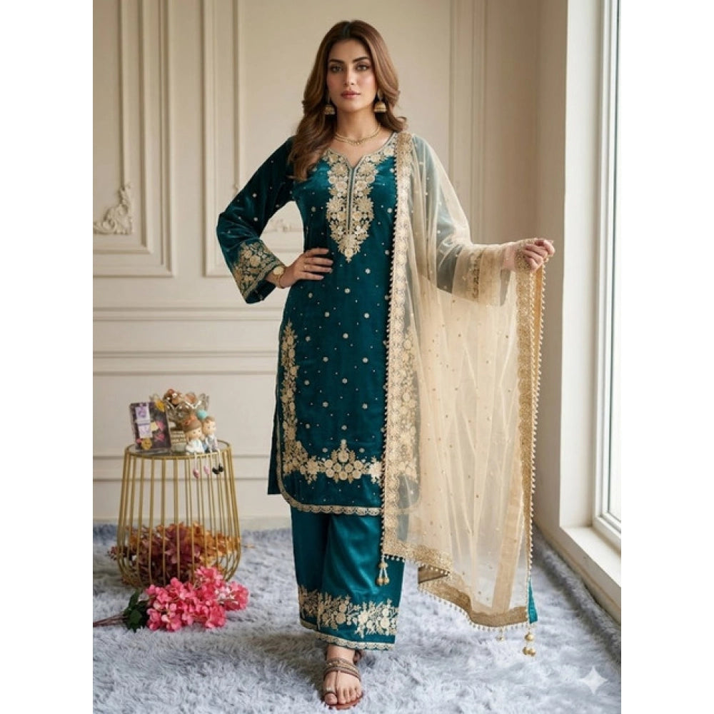 Teal silk embroidered round-neck kurti set with palazzo pant and dupatta, calf length sleeves and skirt