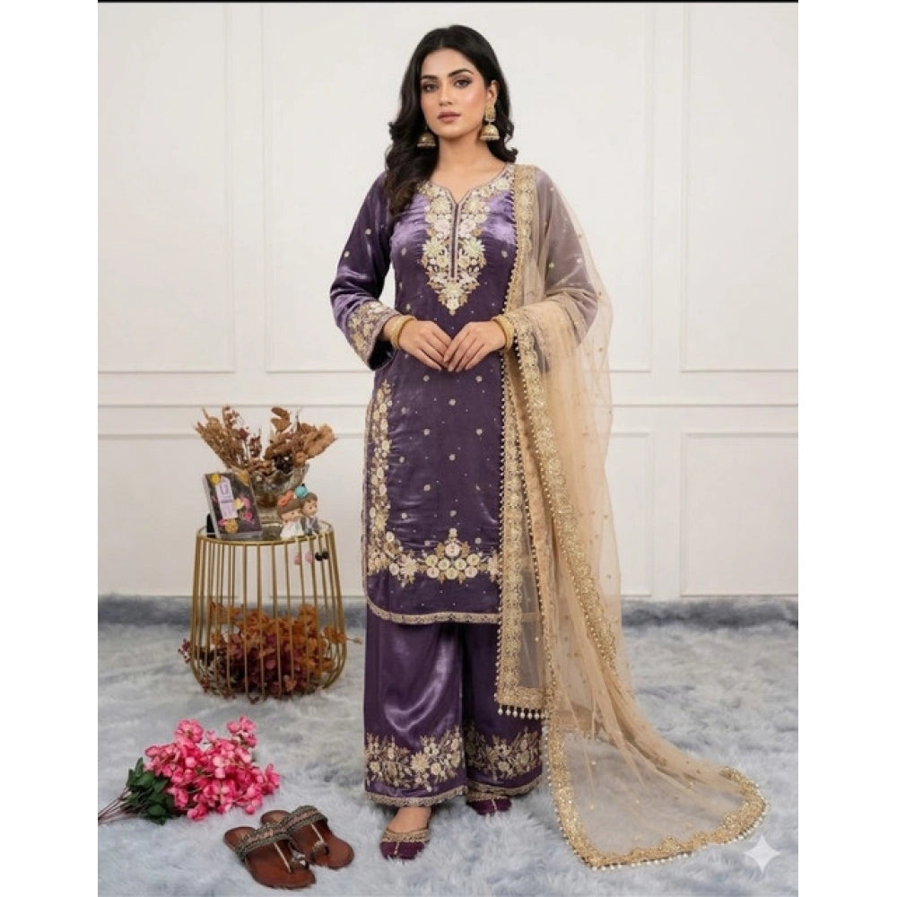 Purple silk embroidered 3/4th sleeve round kurti with palazzo pant and dupatta set - intricate silk embroidery on calf-length kurti, paired with matching dupatta and palazzo pants