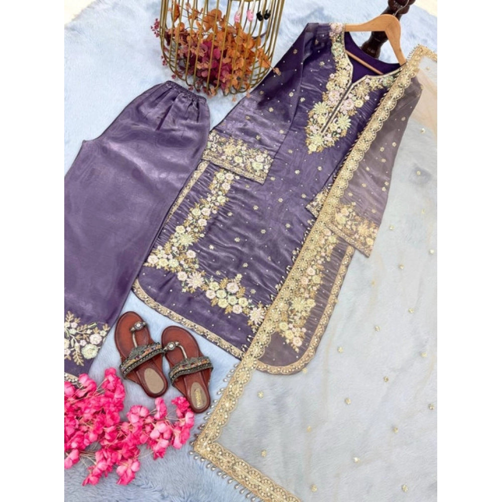 Purple silk embroidered round kurti set with palazzo pant and dupatta, intricate embellishments on women's 3/4th sleeve calf-length traditional Indian clothing
