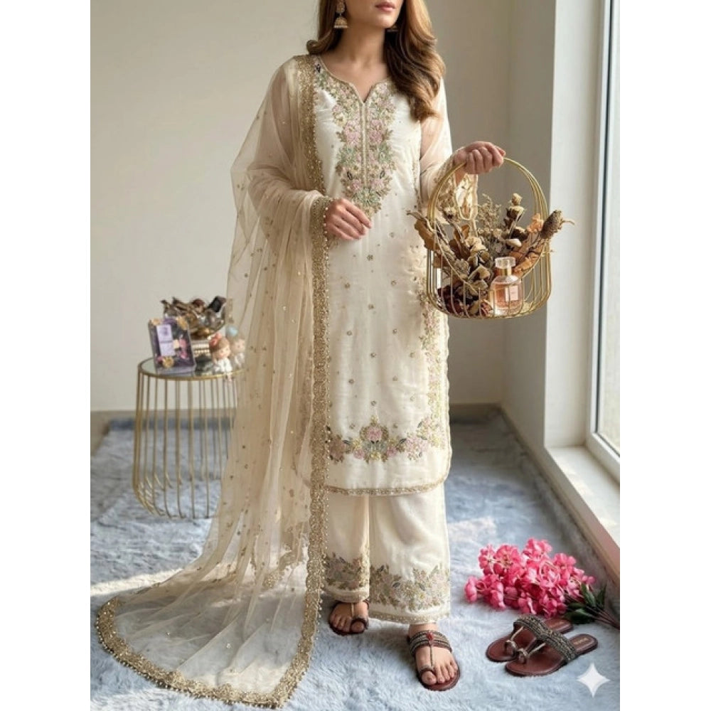 White silk embroidered 3/4th sleeve round kurti set with palazzo pant and dupatta, intricate embroidery detail on traditional Indian attire