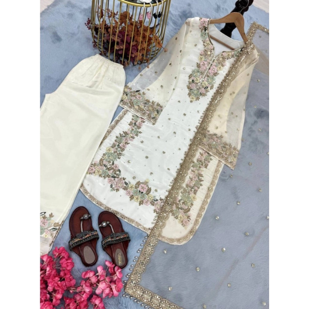 White silk embroidered 3/4th sleeve round kurti with palazzo pant and dupatta set, intricate detailing on calf-length ensemble for traditional Indian fashion wear