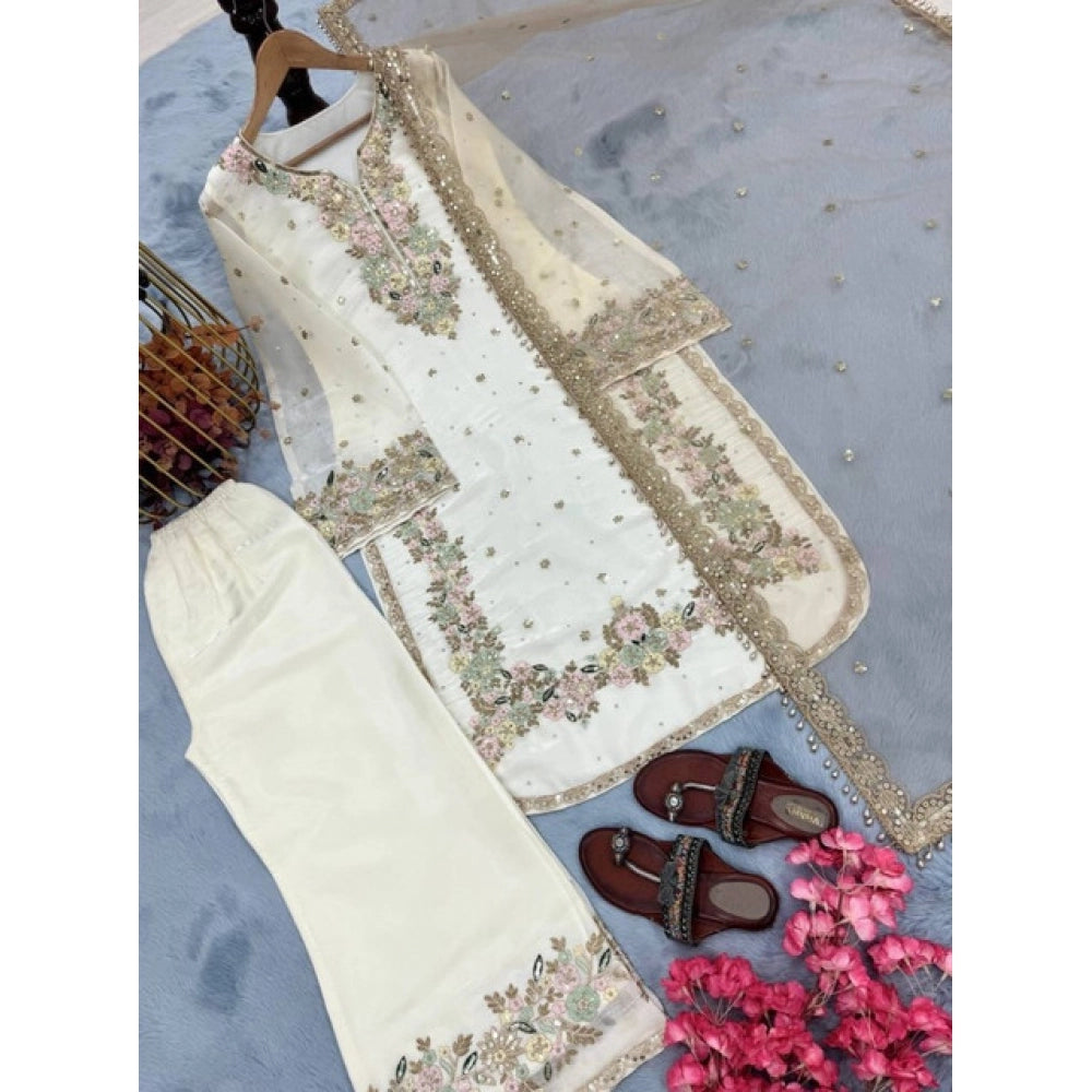 White silk embroidered kurti set with palazzo pant and dupatta, calf length round neck 3/4th sleeve, intricate patterns on display