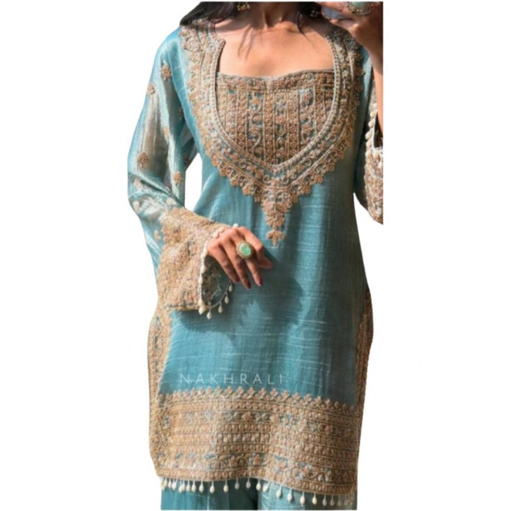 Sea Green Silk Embroidered Women's Kurti Set with Sharara Pant and Dupatta - Round neck, 3/4th sleeves, calf length
