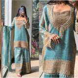 Sea Green Silk Embroidered Women's Kurti Set with Sharara Pant & Dupatta - Round Neck, 3/4th Sleeve, Calf Length