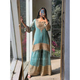 Sea Green silk embroidered 3/4th sleeve round kurti set with sharara pant and dupatta, intricate embroidery on calf-length Indian women's traditional outfit