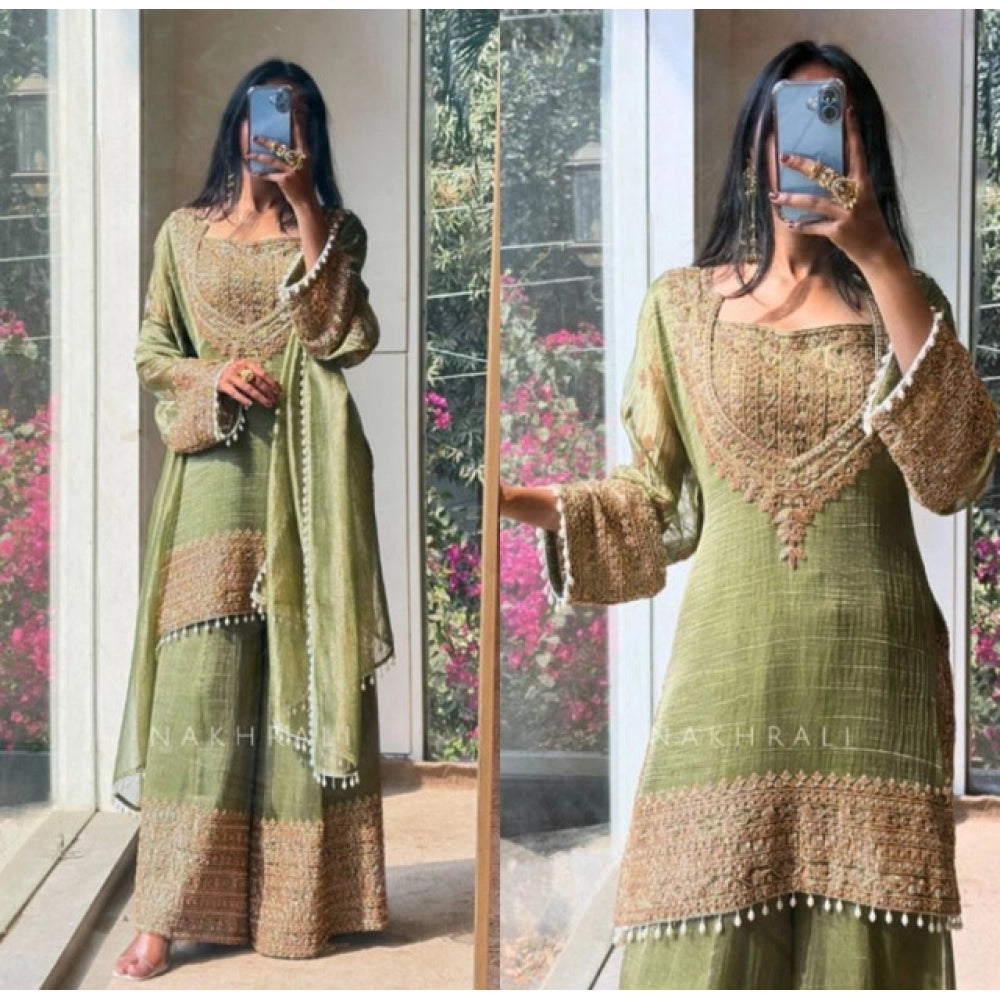 Green silk embroidered kurti set with sharara pants and dupatta, 3/4th sleeve round neck design