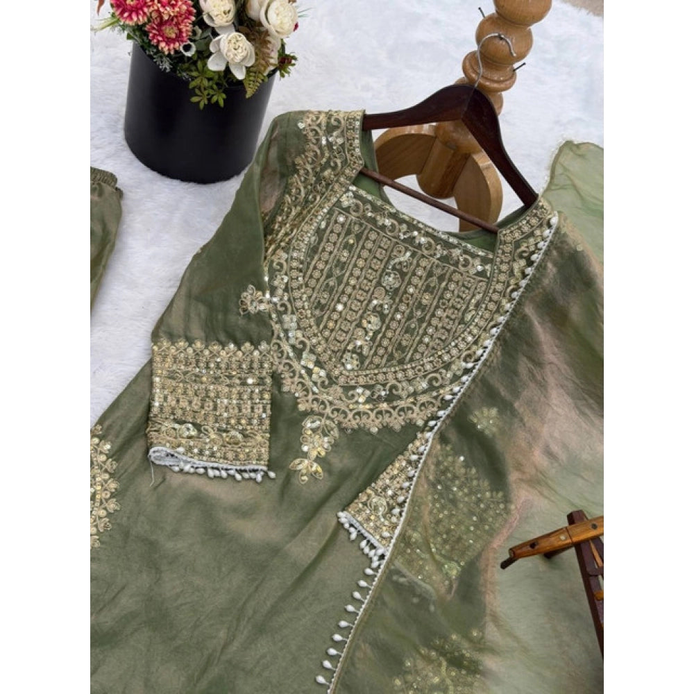 Green silk embroidered 3/4th sleeve round kurti set with sharara pant and dupatta, intricate design on calf-length silken attire