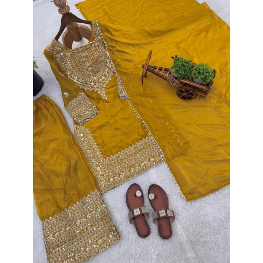 Yellow silk embroidered kurti set with sharara pant and dupatta, calf-length round neck 3/4th sleeve