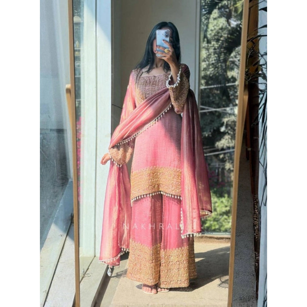 Pink silk embroidered kurti set with sharara pant and dupatta, calf-length 3/4th sleeve round neck design