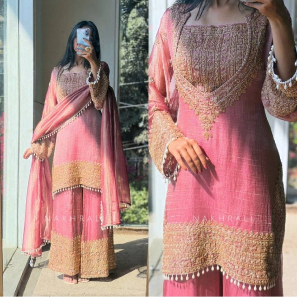 Pink silk embroidered 3/4th sleeve round kurti with sharara pant and dupatta set - silken traditional Indian wear for women