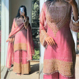 Pink silk embroidered 3/4th sleeve round kurti with sharara pant and dupatta set - silken traditional Indian wear for women