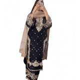 Black silk embroidered 3/4th sleeve round kurti set with palazzo pant and dupatta, intricate design details on display