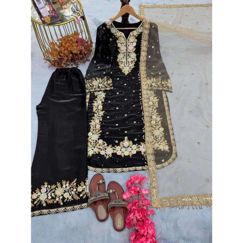 Black silk embroidered 3/4th sleeve round kurti set with palazzo pant and dupatta, high-quality craftsmanship visible