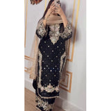 Black silk embroidered kurti set with palazzo pant and dupatta, calf-length round neck 3/4th sleeve