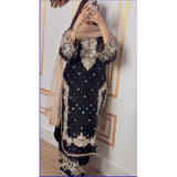 Black silk embroidered round-neck kurti set with palazzo pant and dupatta, calf length sleeves and hem