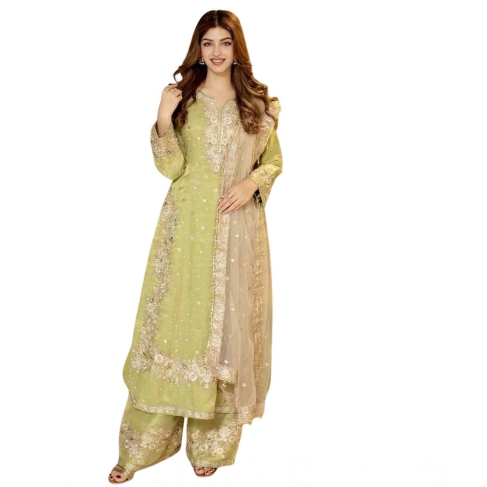 Silk embroidered pista kurti set with palazzo pant and dupatta, calf-length round neck 3/4th sleeve