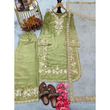 Pista silk embroidered women's kurti set with palazzo pants and dupatta, round neck, 3/4th sleeve, calf length