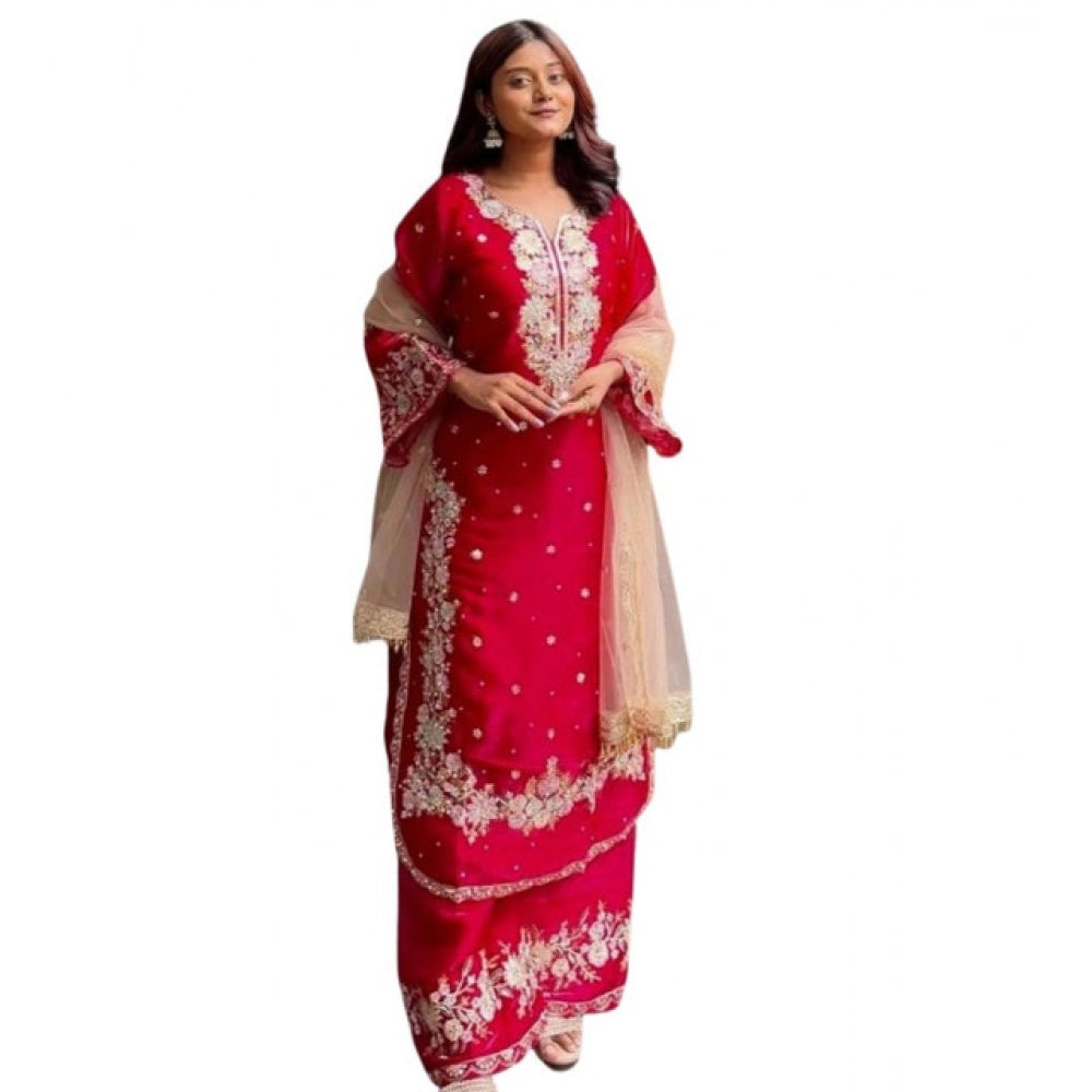 Red silk embroidered 3/4th sleeve kurti set with palazzo pant and dupatta, intricate detailing