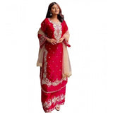 Red silk embroidered 3/4th sleeve kurti set with palazzo pant and dupatta, intricate detailing