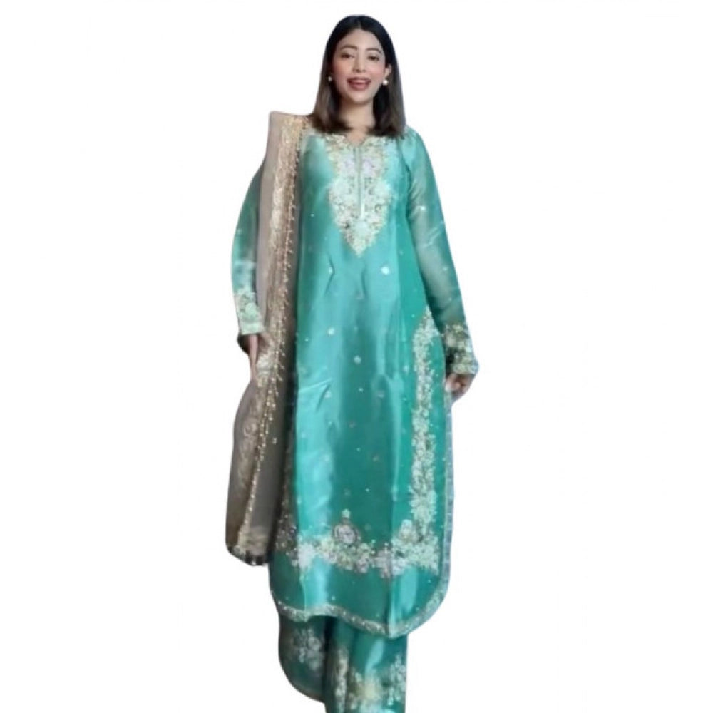 Sea Green silk embroidered kurti set with palazzo pant and dupatta, calf length with 3/4th sleeves and round neck