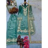 Sea Green Silk Embroidered Kurti Set with Palazzo Pant and Dupatta, intricate embroidery detail on 3/4th sleeve round neck readymade kurti