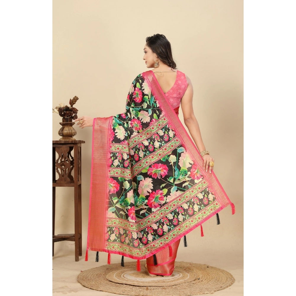 Black cotton silk floral printed saree with unstitched blouse (5.5Mtr)