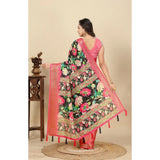 Black cotton silk floral printed saree with unstitched blouse (5.5Mtr)