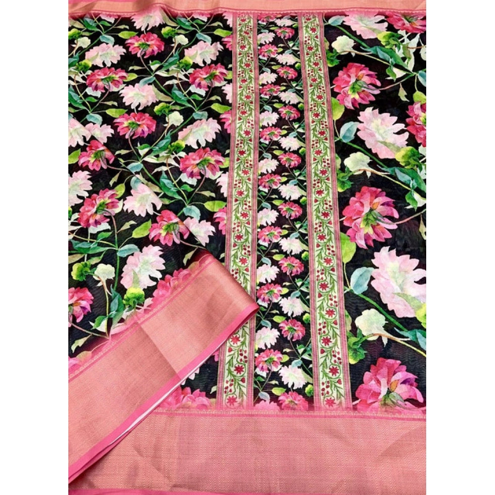 Black cotton silk floral printed saree with unstitched blouse, vibrant blooms design