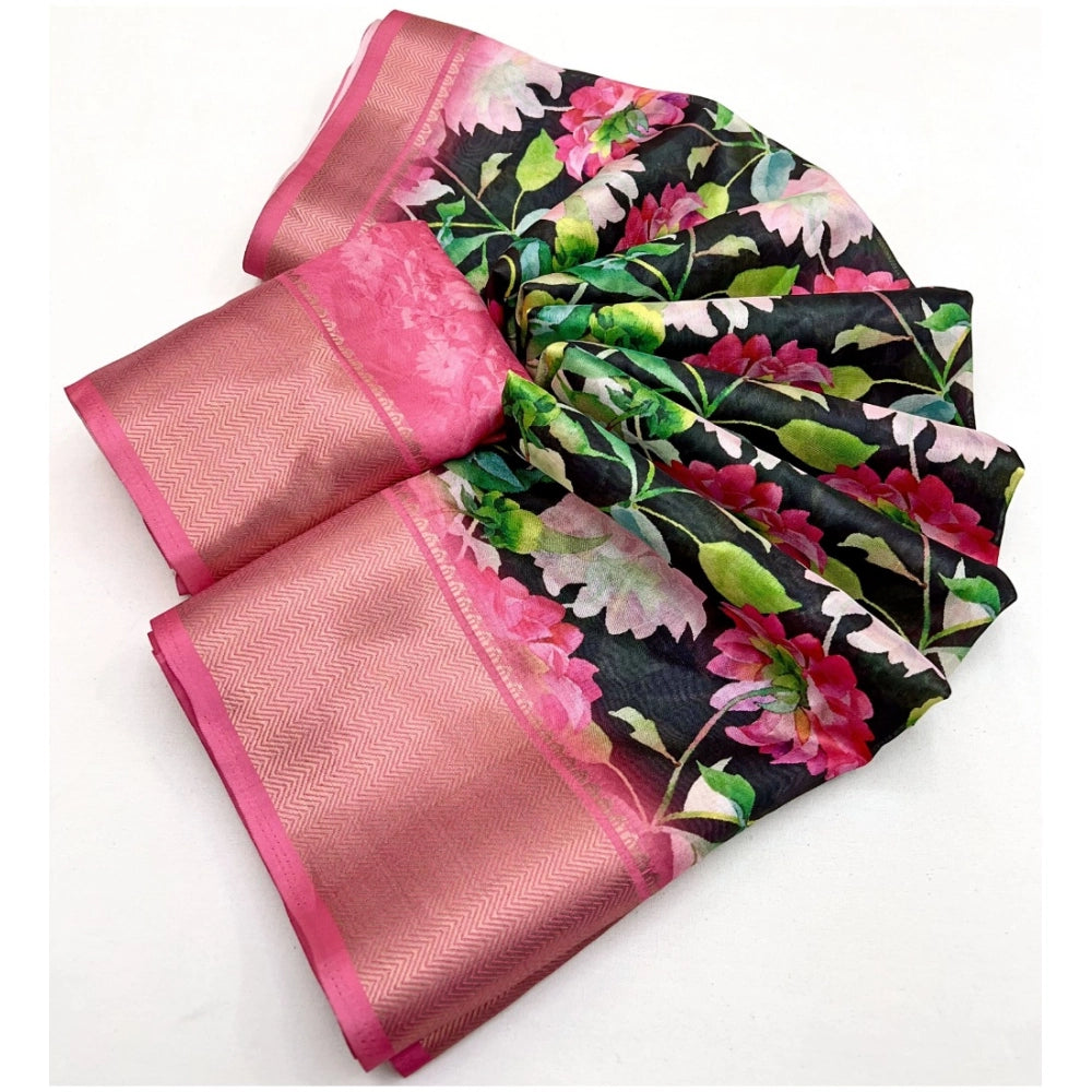 Black cotton silk floral printed saree with unstitched blouse, elegant Indian women's fashion accessory
