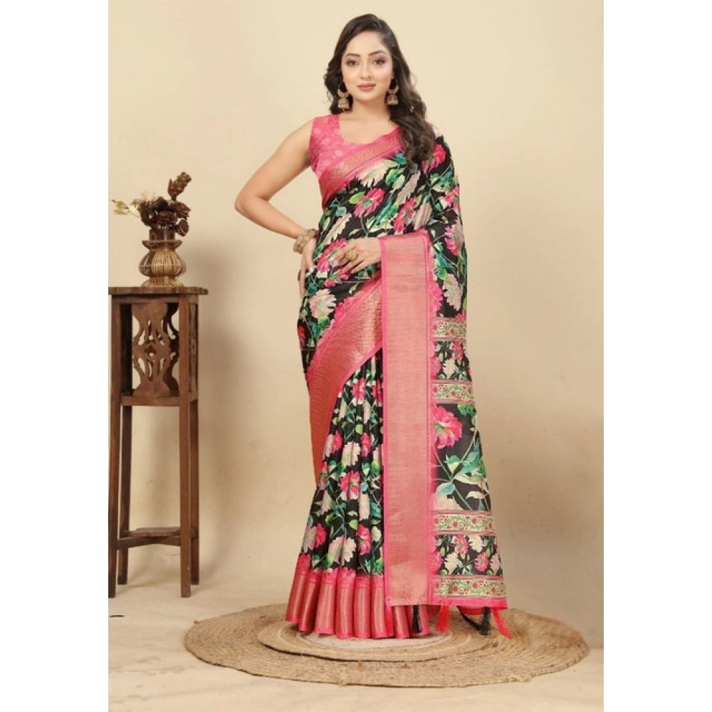 Black cotton silk floral printed saree with unstitched blouse (5.5mtr)