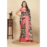 Black cotton silk floral printed saree with unstitched blouse (5.5mtr)