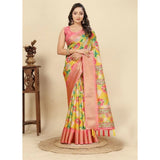Yellow cotton silk floral printed saree with unstitched blouse (5.5Mtr) - traditional Indian women's fashion accessory