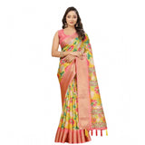 Yellow cotton silk floral printed saree with unstitched blouse, vibrant floral patterns on a 5.5mtr length