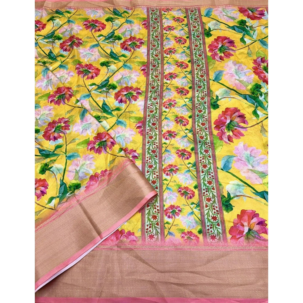 Yellow cotton silk floral printed saree with unstitched blouse (5.5mtr) - traditional Indian women's wear