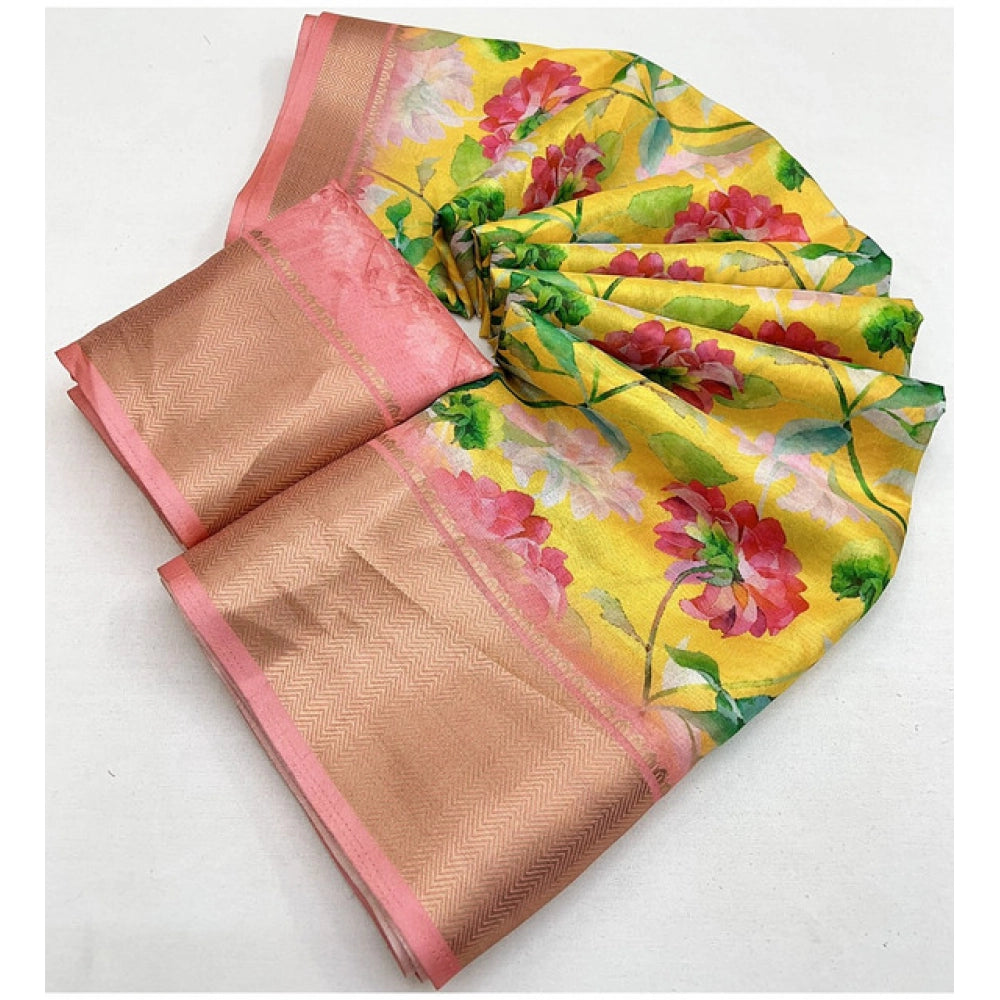 Yellow cotton silk floral printed saree with unstitched blouse (5.5mtr)