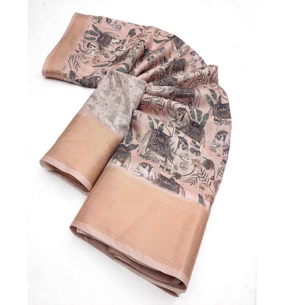 Cream-black cotton silk printed saree with unstitched blouse (5.5mtr) - Indian women's fashion accessory