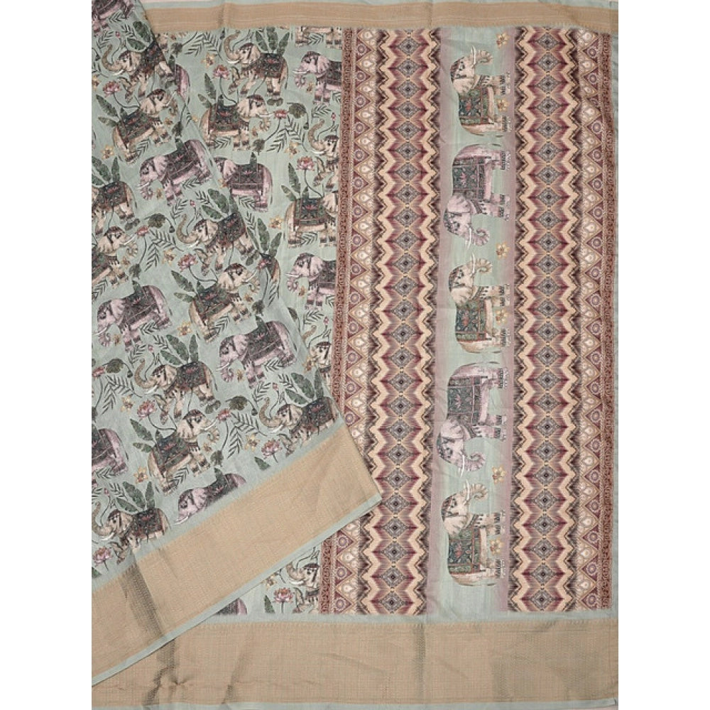 Green cotton silk printed saree with unstitched blouse, vibrant floral pattern