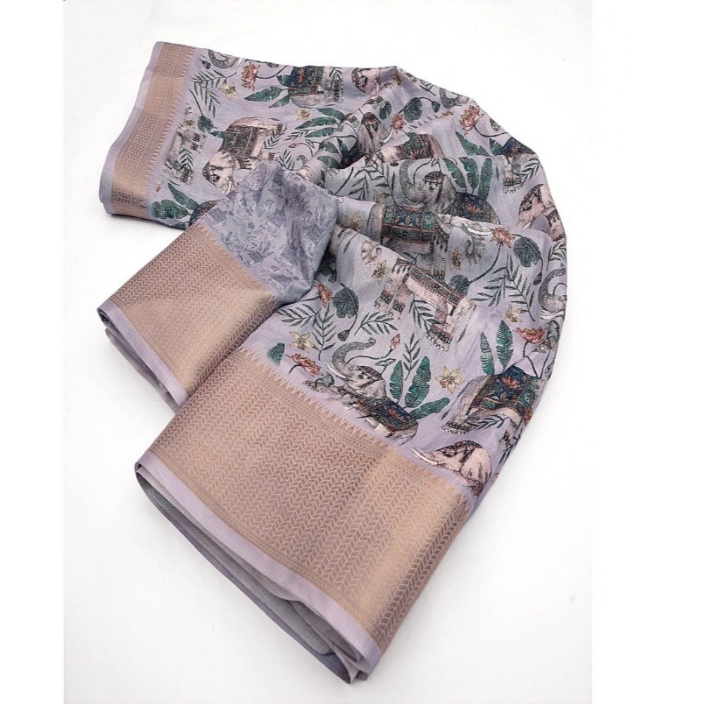 Grey cotton silk printed saree with unstitched blouse (5.5Mtr), vibrant pattern for traditional Indian wear
