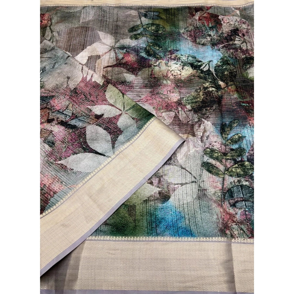 Multicolor cotton silk printed saree with unstitched blouse, 5.5mtr length on model for ethnic wear