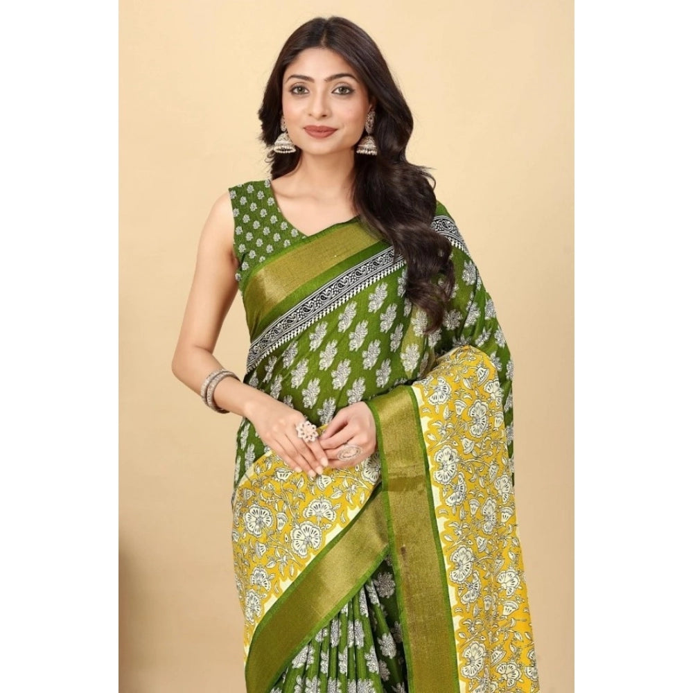 Mehandi cotton blend printed saree with unstitched blouse (5.5mtr), vibrant floral design for traditional Indian women's fashion