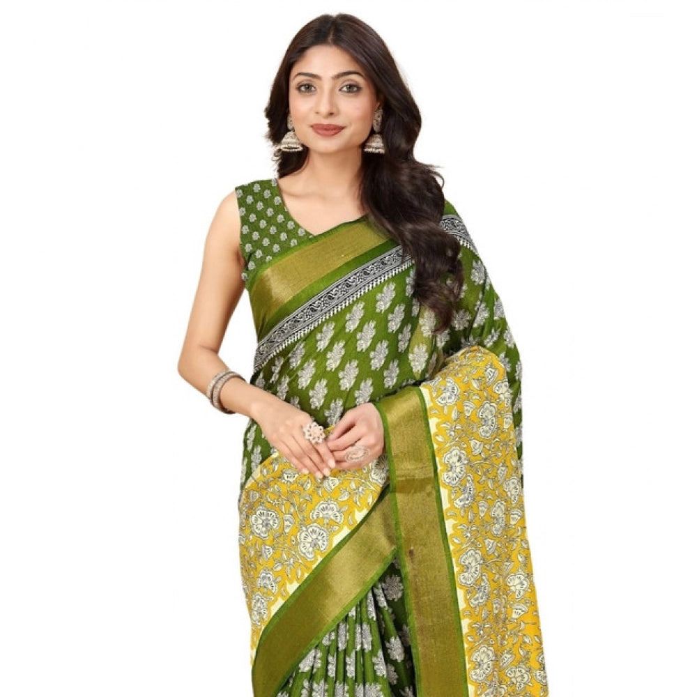 Mehandi-colored cotton blend printed saree with unstitched blouse (5.5mtr), traditional Indian fashion wear on mannequin